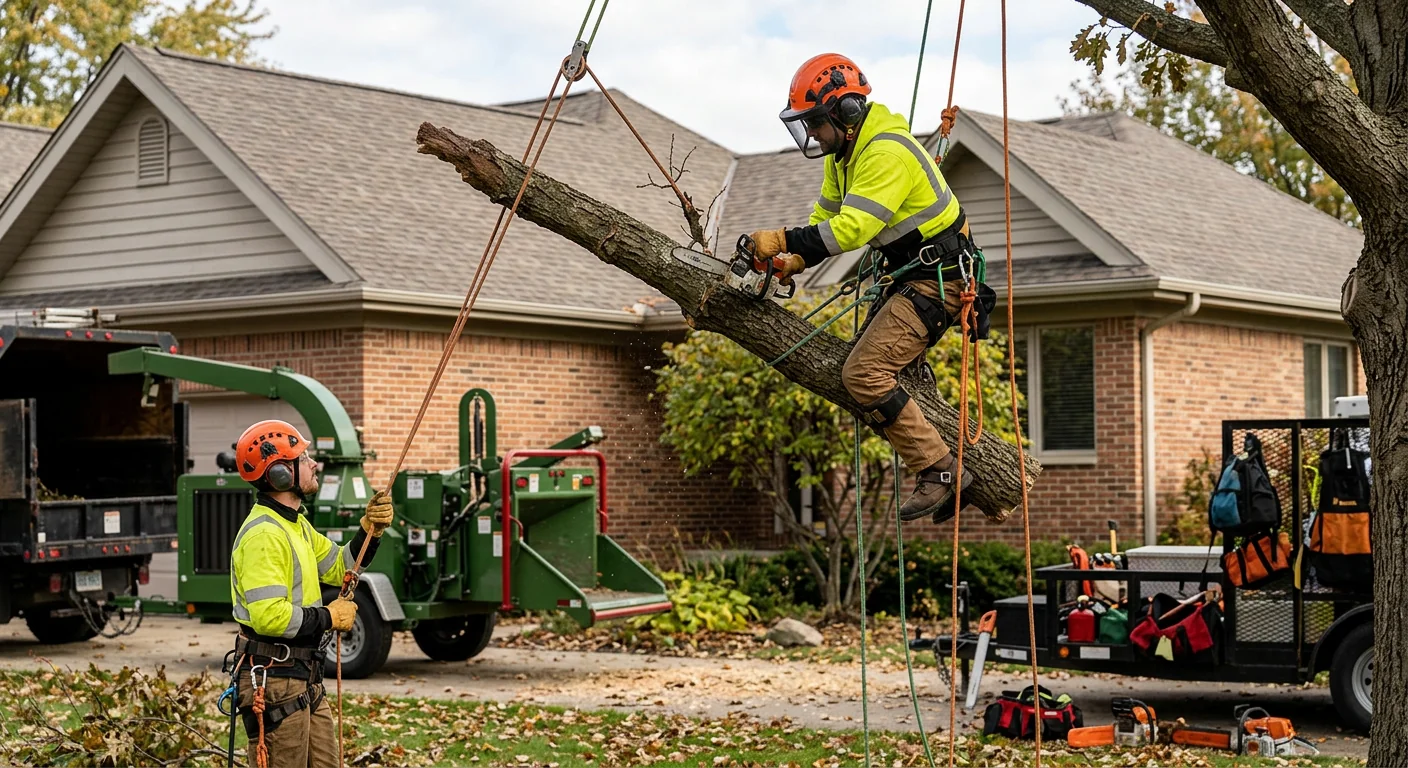 Crew clearing dense undergrowth from a wooded residential lot in Batavia