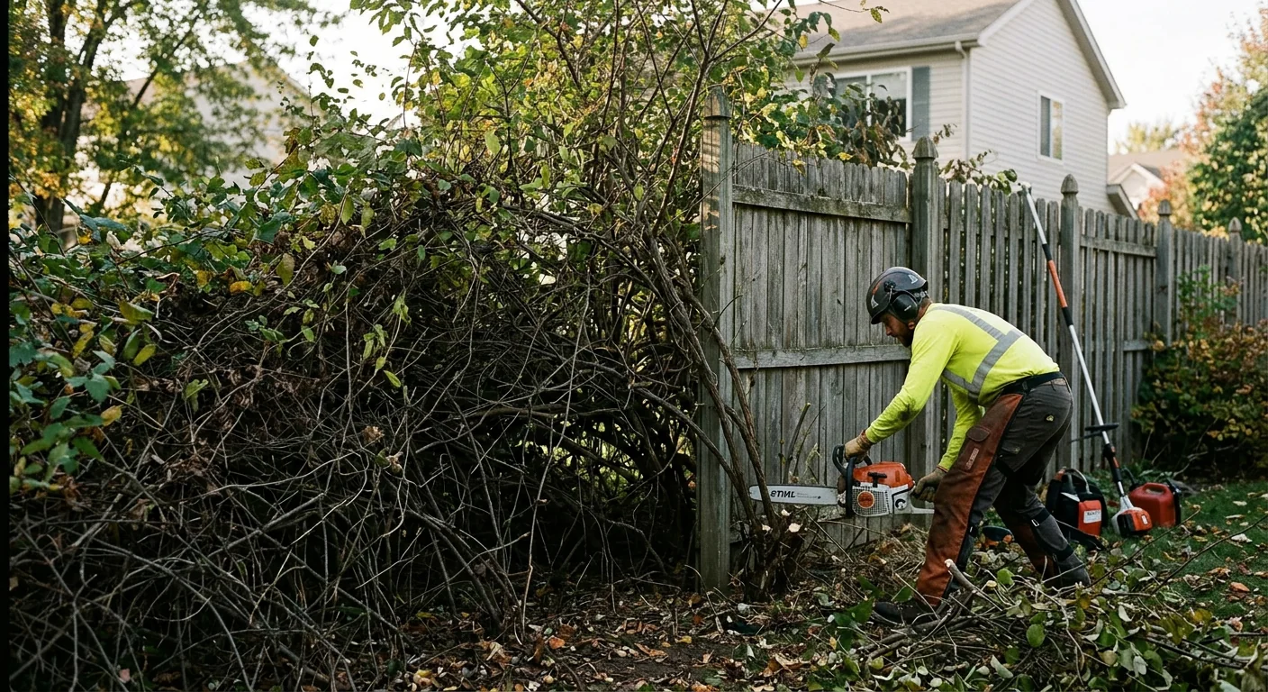 Dense overgrown brush and thicket along a residential Batavia fence line before clearing