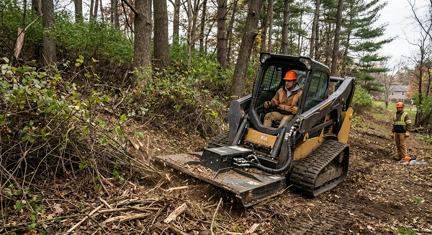 Skid-steer attachment clearing heavy underbrush on a sloped wooded lot edge