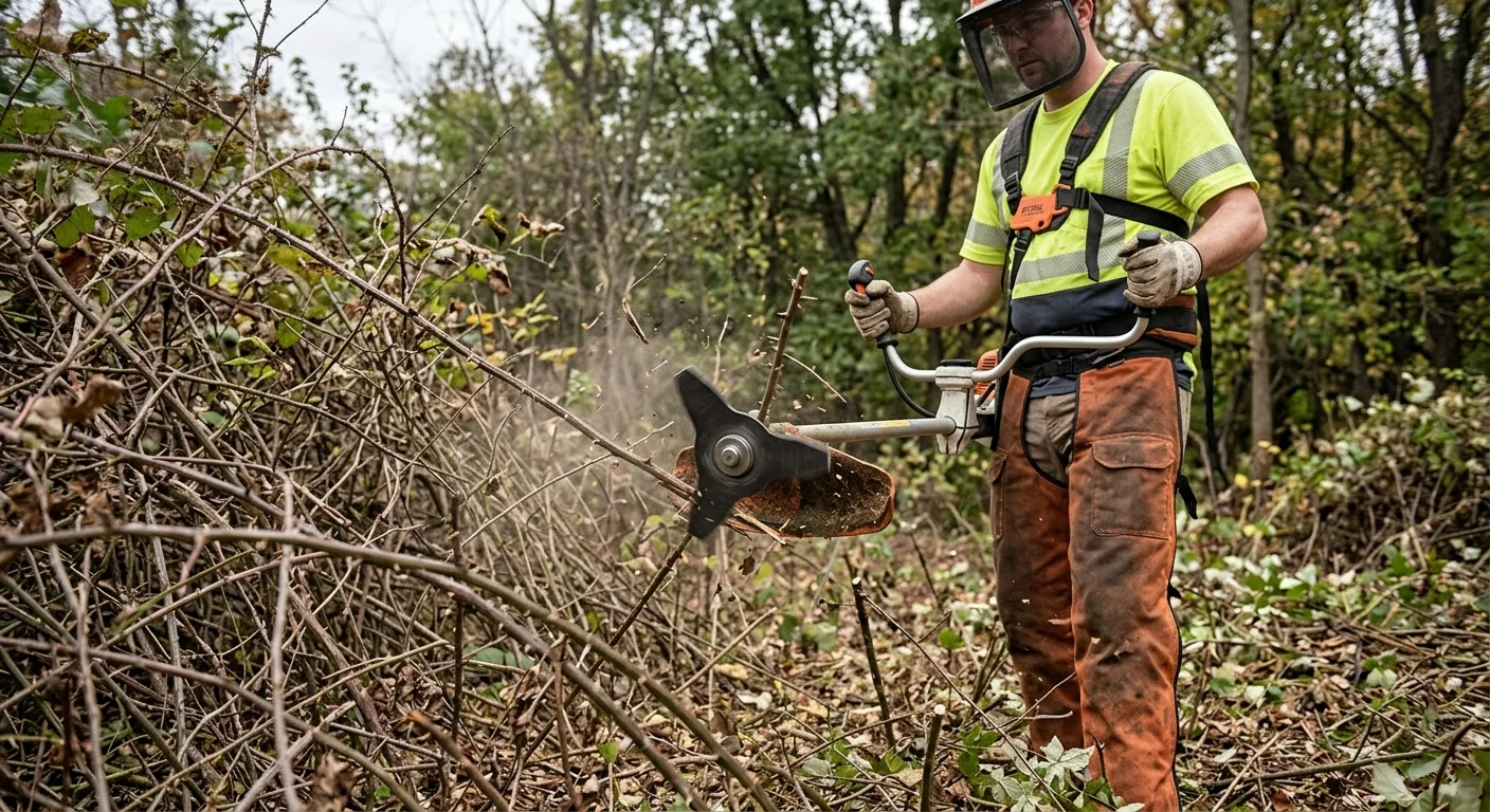 Close-up of brush cutter blade slicing through thorny undergrowth during removal