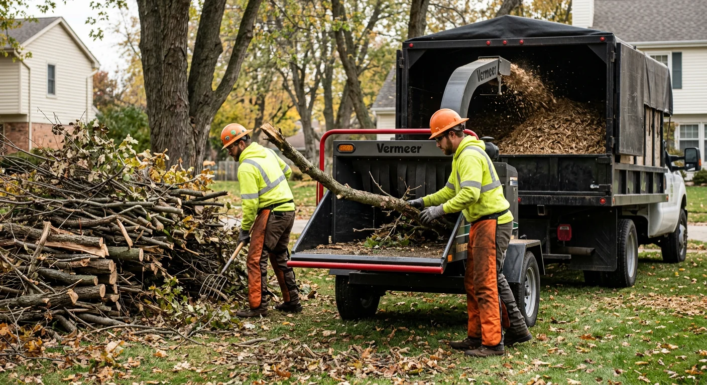 Wood chipper processing cut brush into mulch beside a stacked debris pile