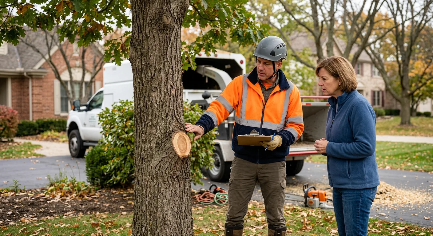 Arborist reviewing crane setup and pricing factors beside a large removal tree in Batavia
