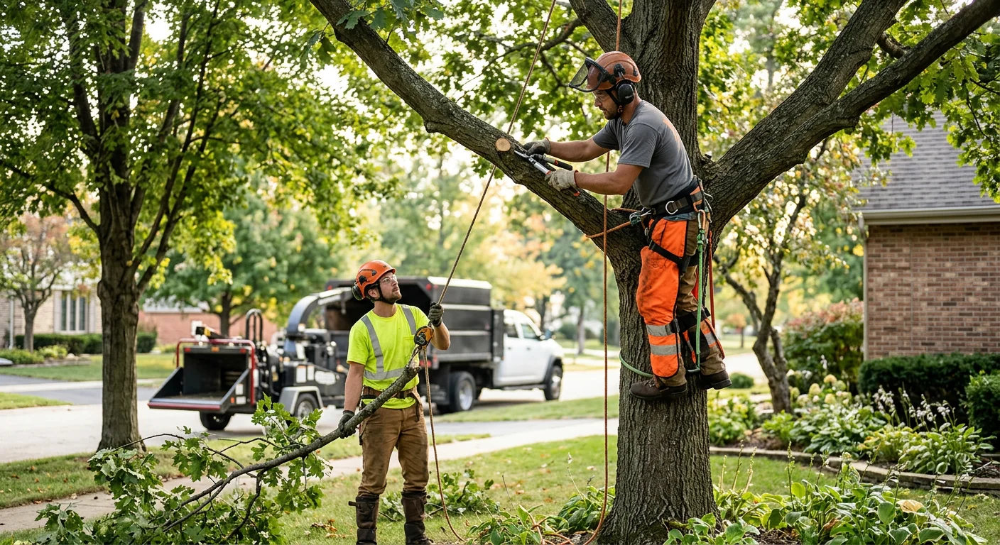 Hydraulic crane lifting a large tree section over a Batavia residential yard