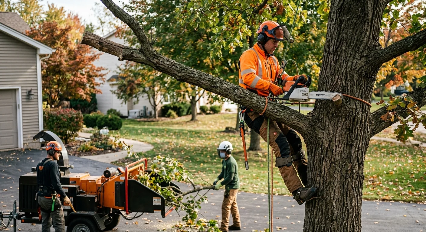 Leaning storm-damaged tree near a Batavia home roofline awaiting crane removal