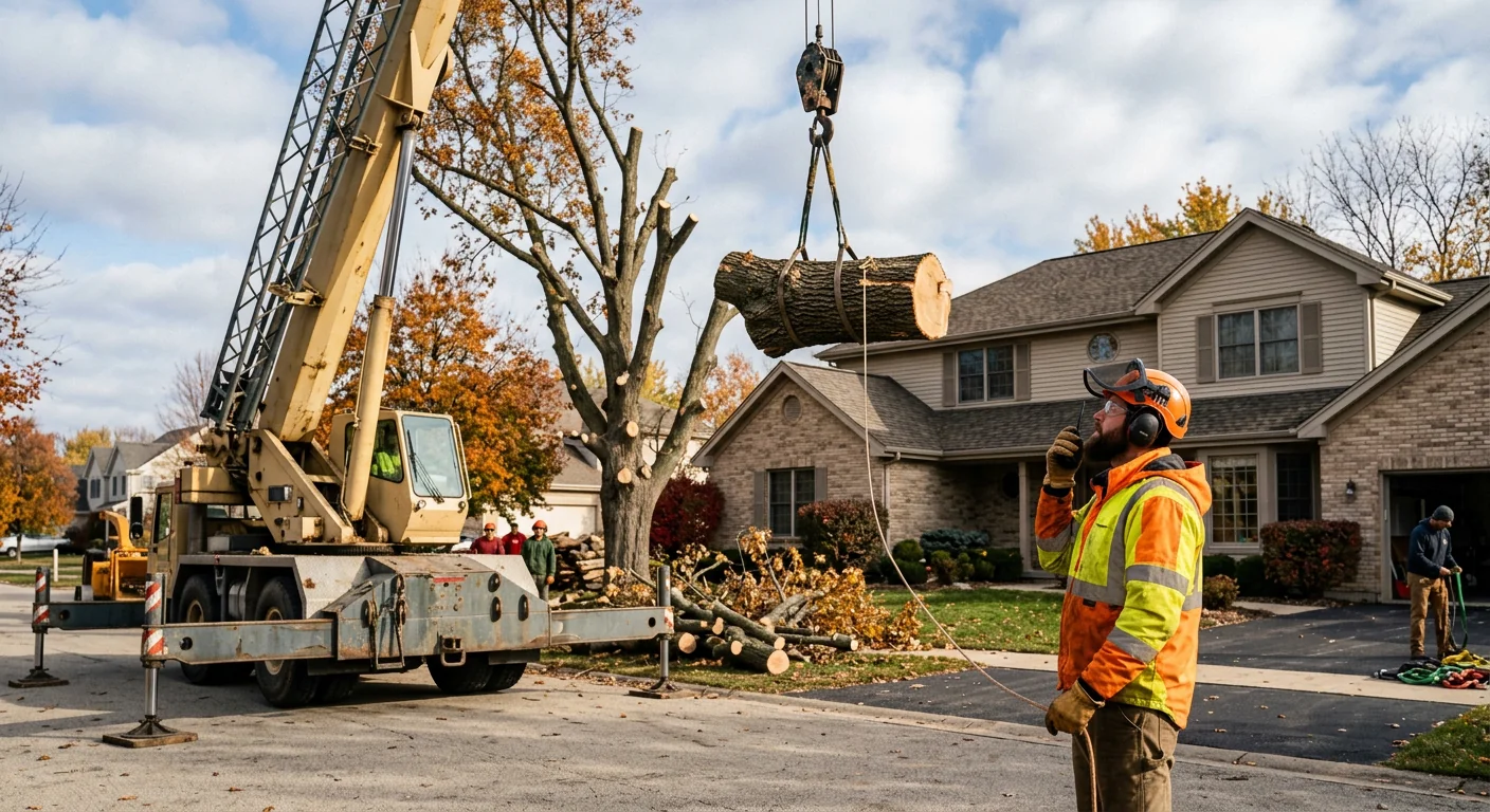 Crane lifting a large oak section above a Batavia residential rooftop during removal