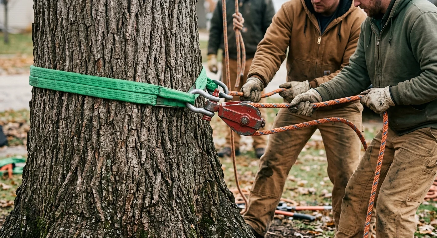 Close-up of certified rigging attached to a tree trunk before a controlled lift