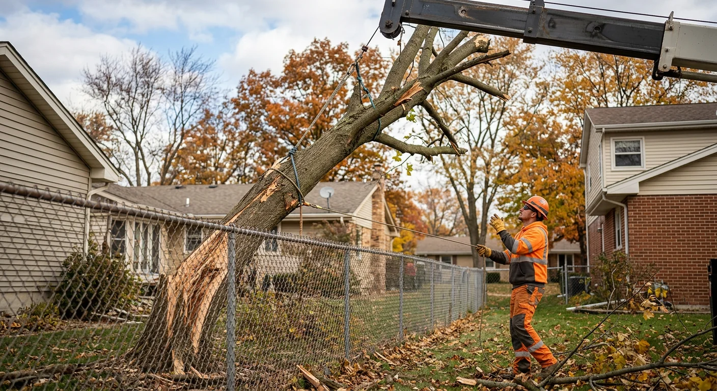 Storm-damaged maple leaning near a fence line before crane removal in Batavia