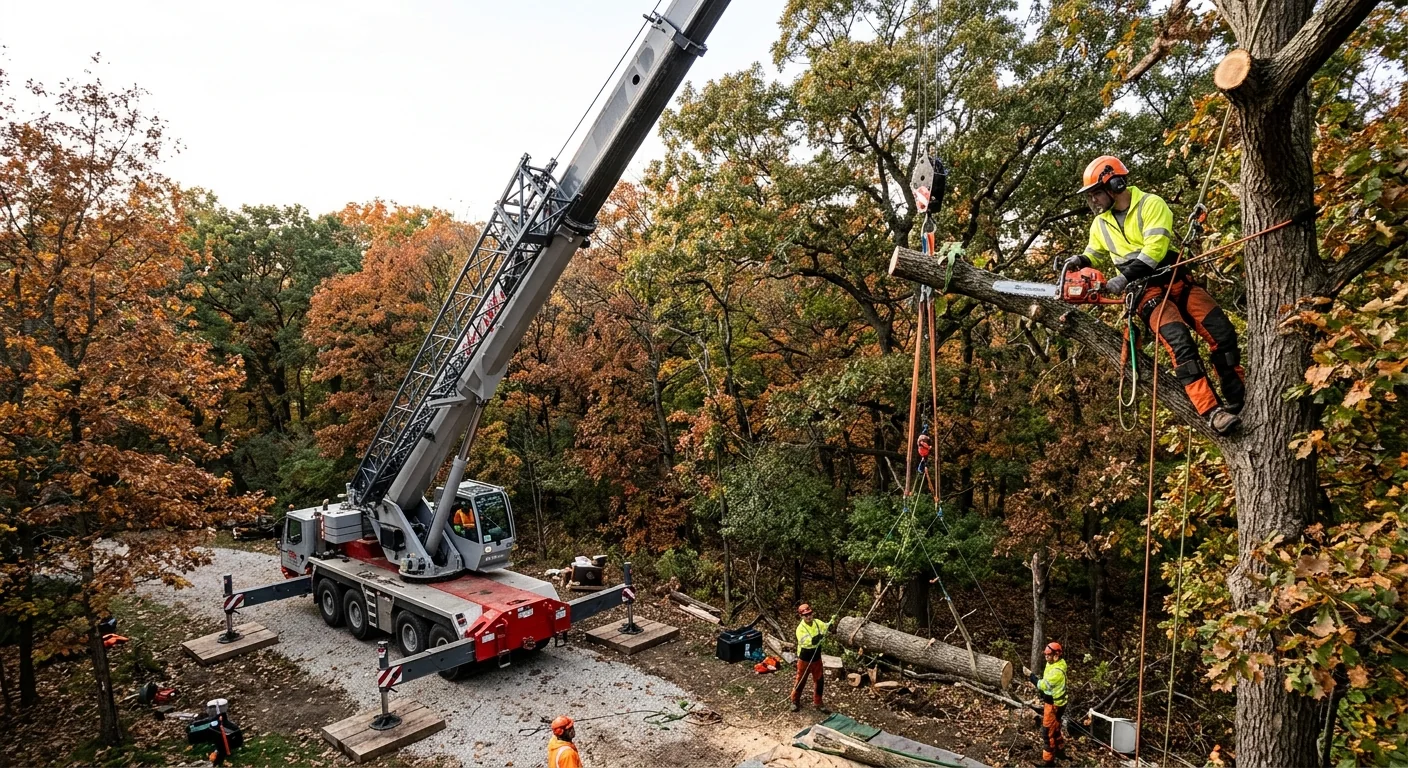 Crane boom extended over wooded acreage during sectional tree removal