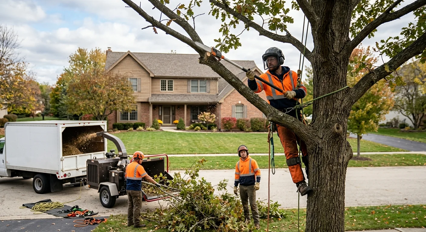 Crane lifting a large tree section over a Batavia yard