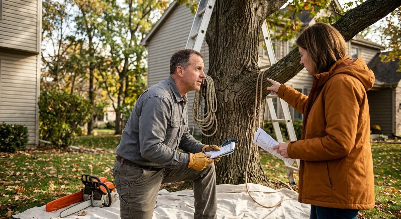 Arborist assessing storm-damaged tree near a Batavia home for emergency removal pricing