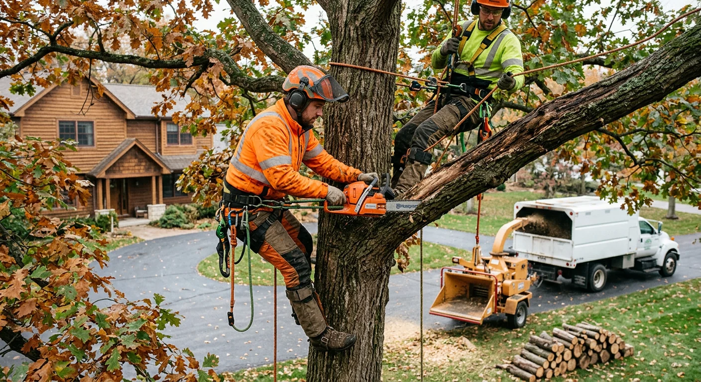 Tree crew removing a storm-damaged limb from a Batavia home