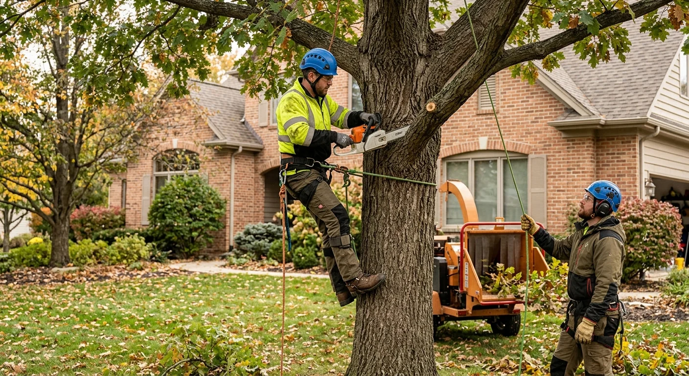 Arborist rigging a storm-damaged limb during emergency tree removal in Batavia