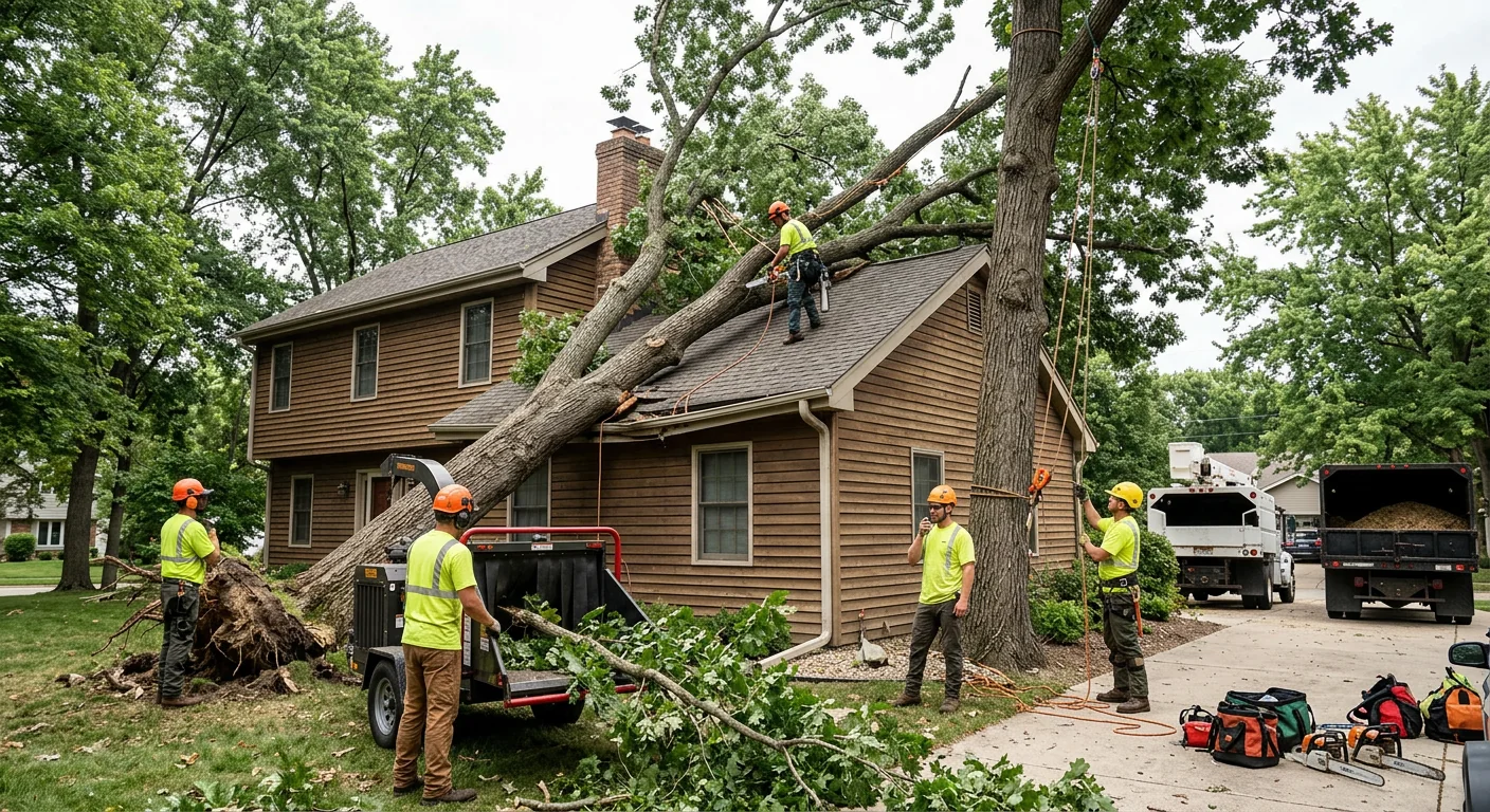 Wind-thrown oak resting on a residential roofline before emergency removal in Batavia