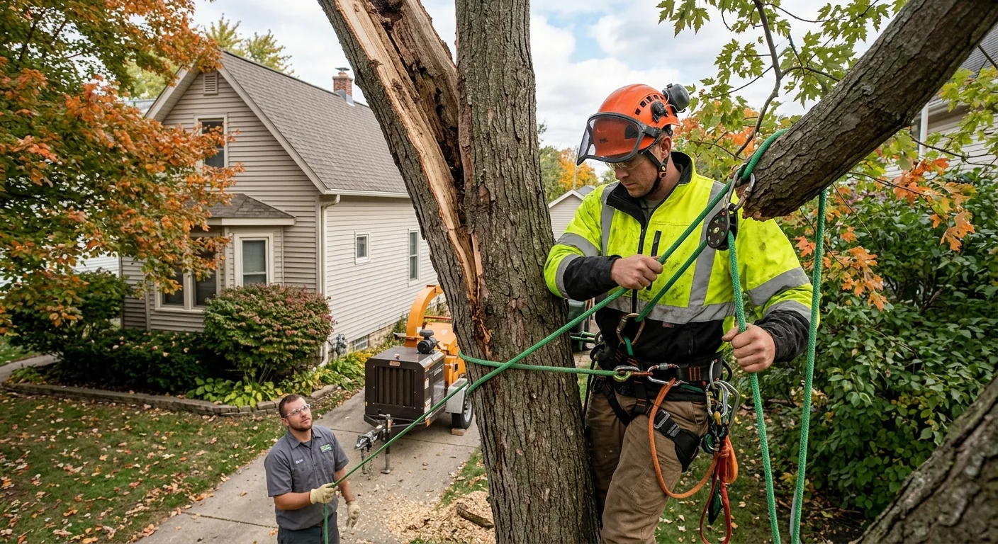Arborist rigging a split maple section with lowering lines on a tight urban lot