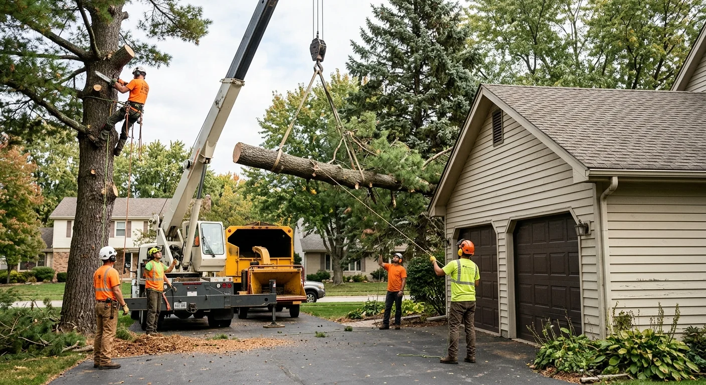 Crane supporting a large limb during controlled sectional dismantling near a garage