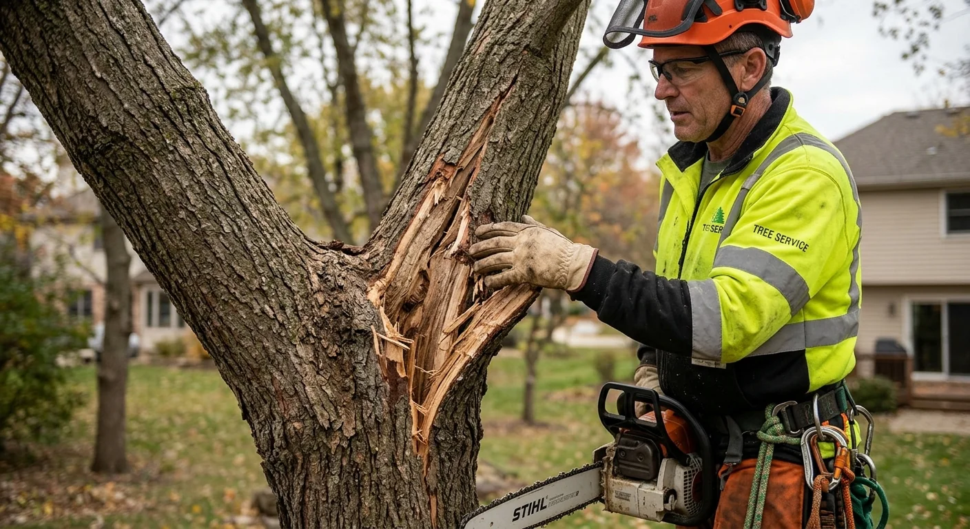 Close-up of a cracked branch union showing storm load stress before cutting