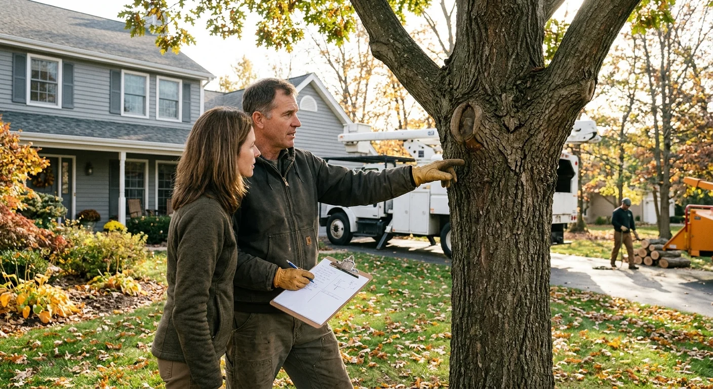 Arborist inspecting a leaning hazardous tree near a Batavia home before removal