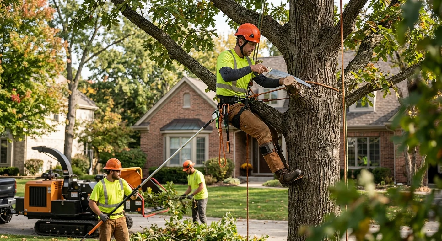 Certified crew evaluating a leaning hazardous tree beside a Batavia home
