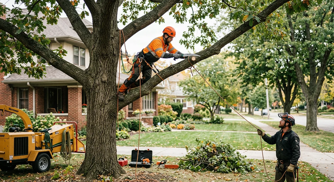 Arborist evaluating a decayed leaning tree before removal on a Batavia property
