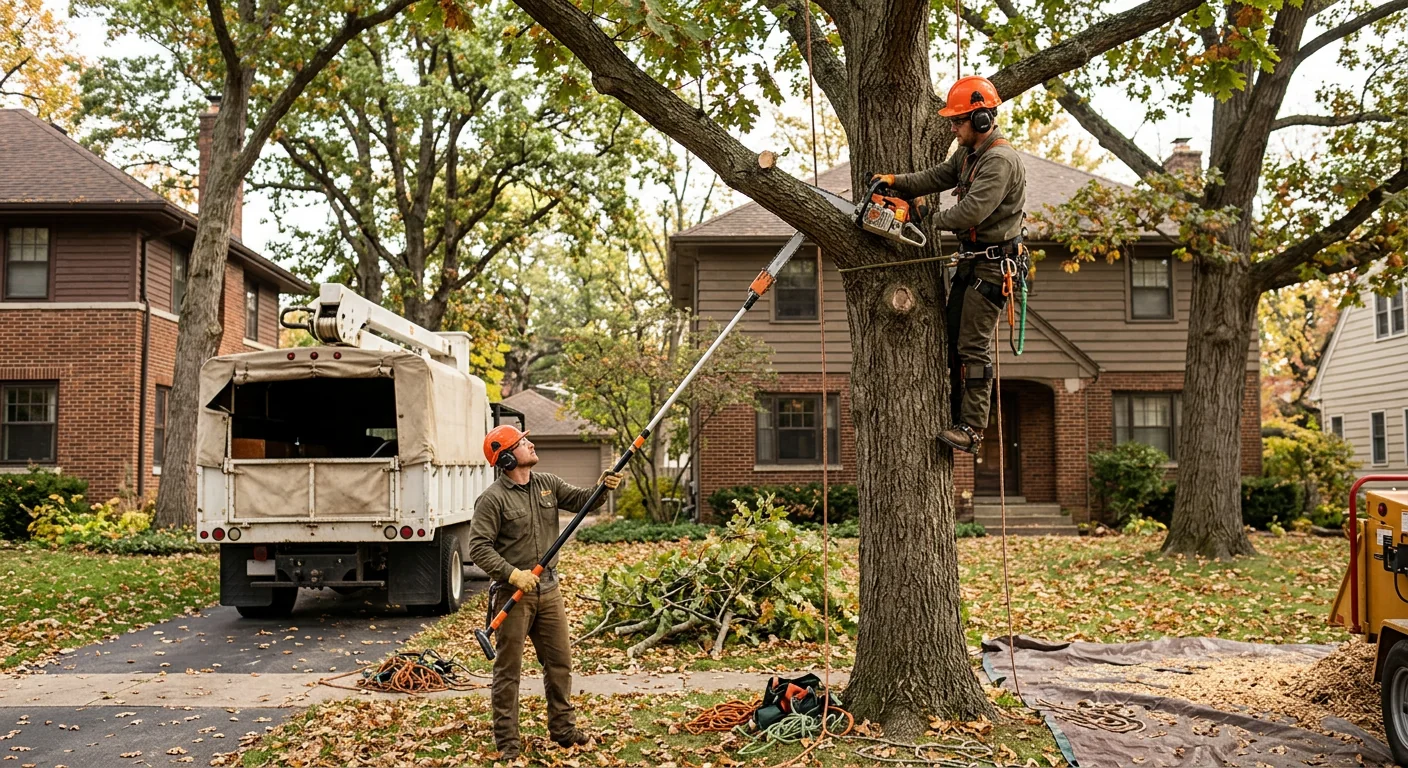 Storm-damaged tree with split trunk union leaning toward a Batavia home
