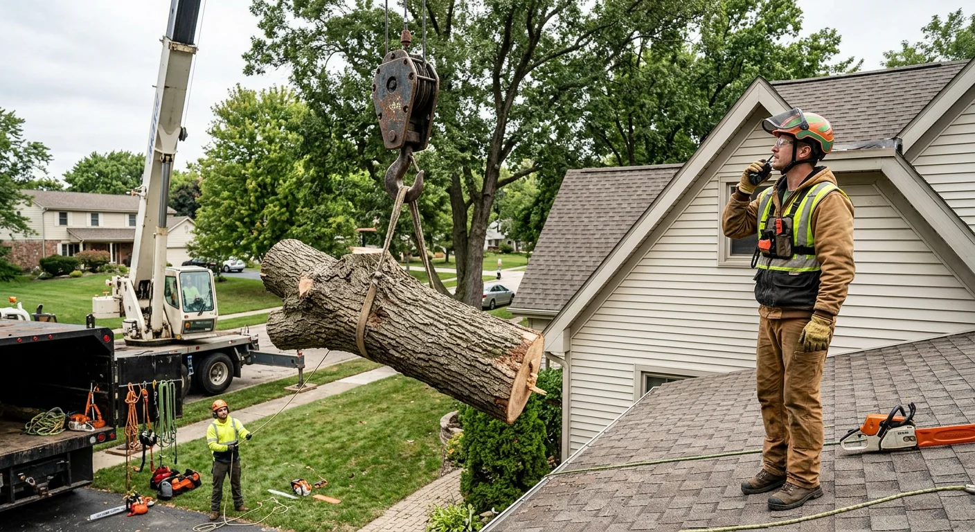 Crane lifting a large hazardous tree section away from a Batavia rooftop
