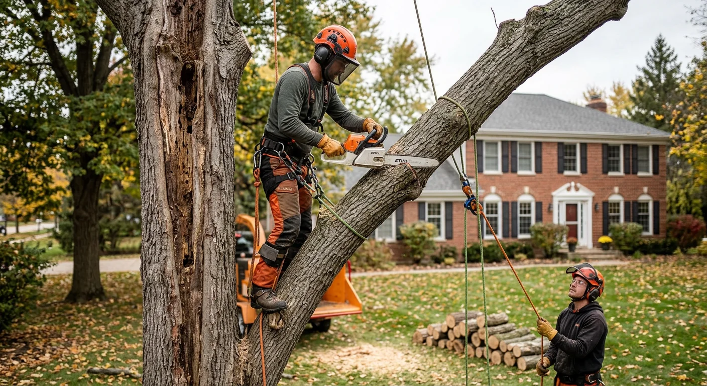 Climber performing controlled sectional dismantling of a decayed oak trunk