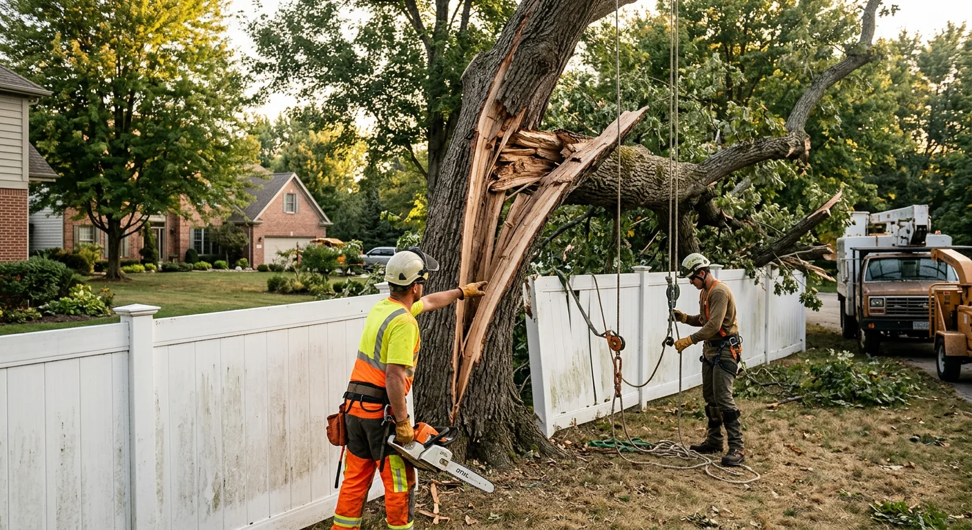 Storm-split tree leaning over a suburban fence before removal in Batavia