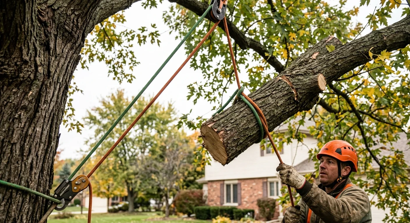 Close-up of rigging lines securing a hazardous limb during lowering