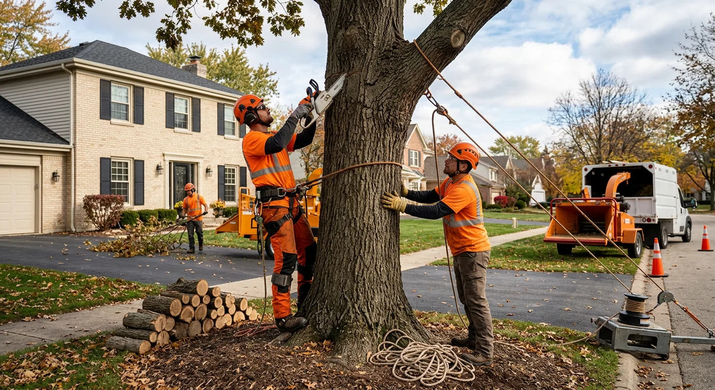 Certified crew safely dismantling a hazardous leaning tree in Batavia
