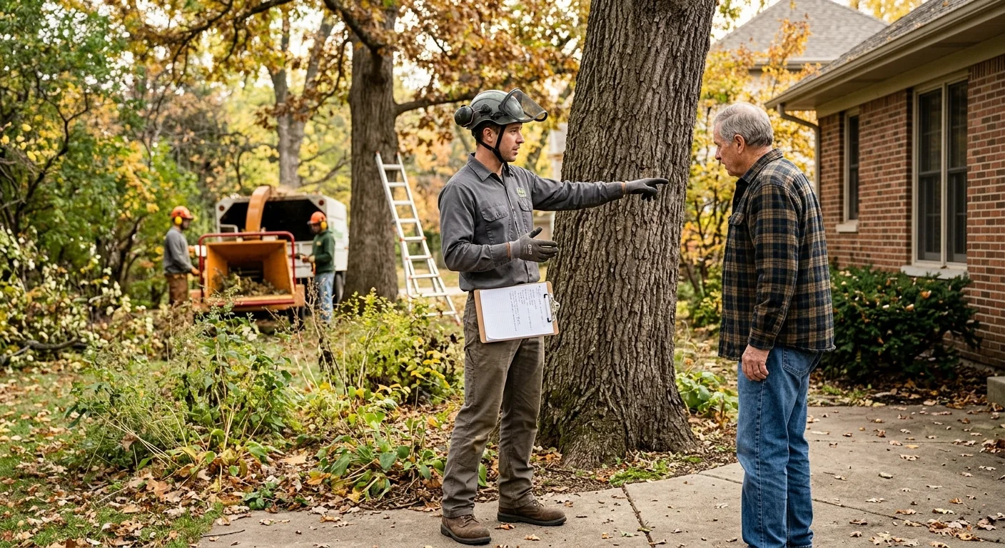 Surveyor reviewing a wooded parcel before land clearing on a Batavia property
