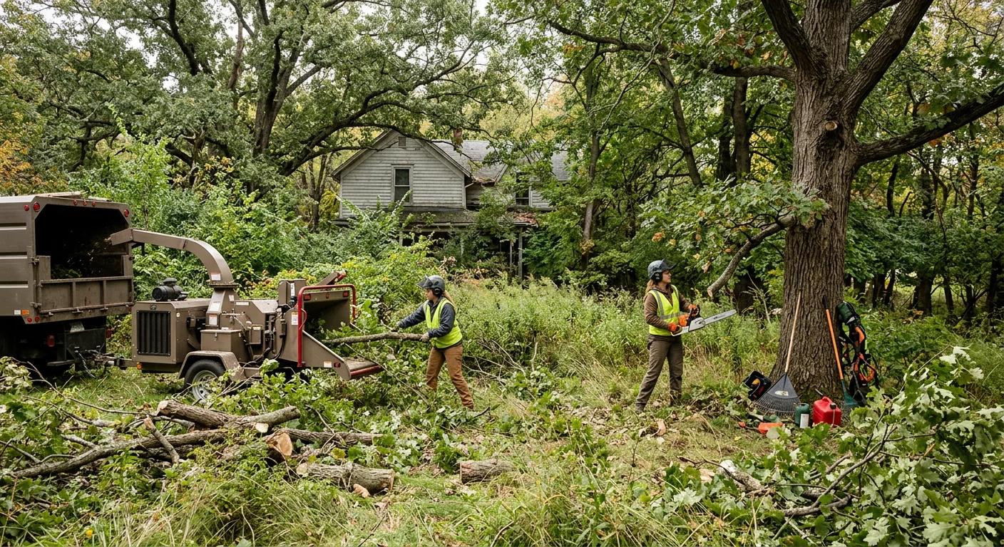 Wide view of an overgrown Batavia residential lot before land clearing begins