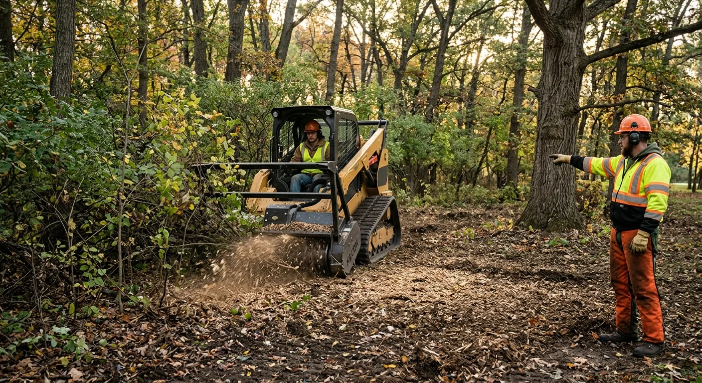 Skid steer with mulching head reducing dense underbrush on a wooded parcel