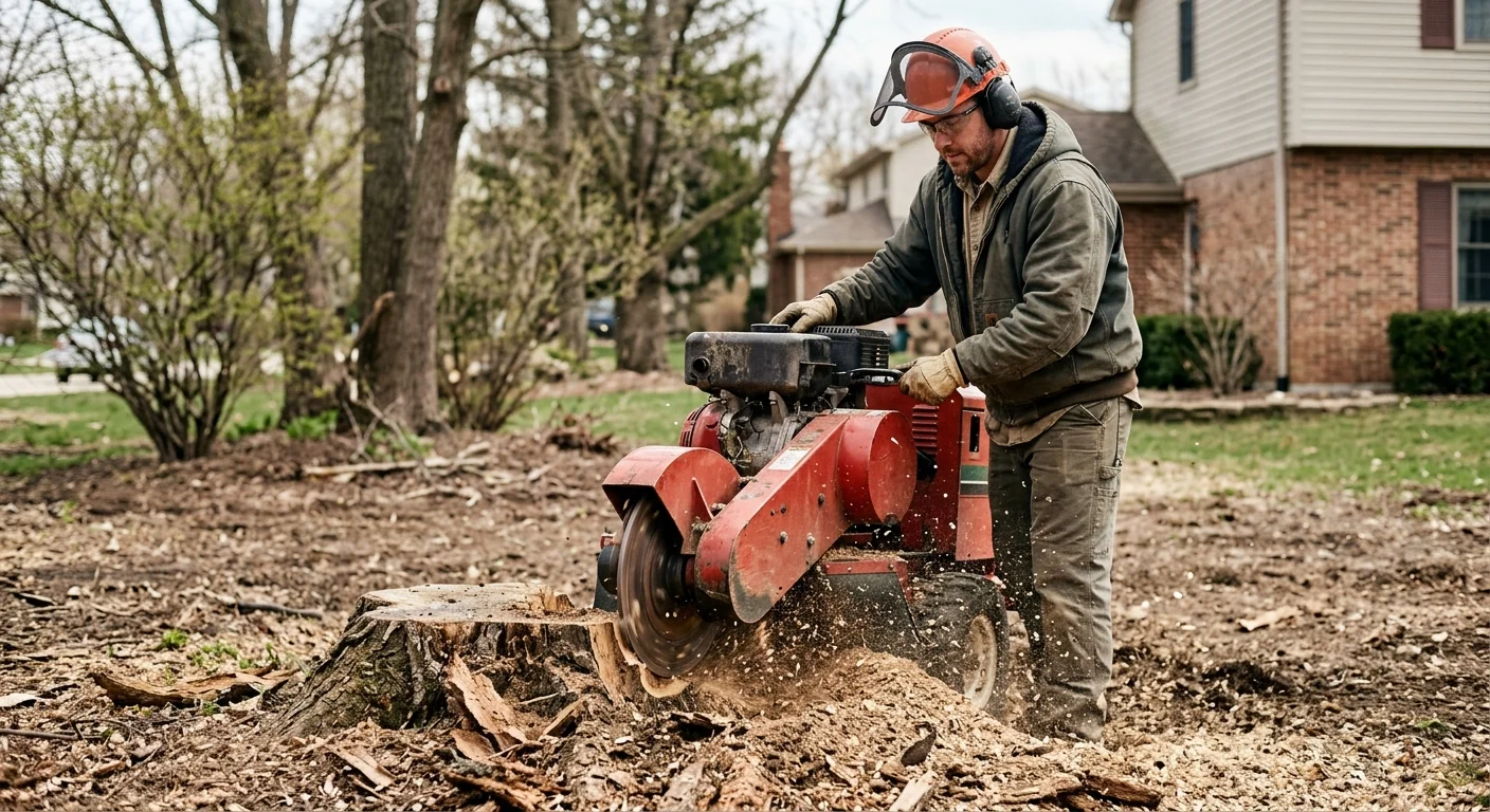 Close-up of a stump grinder removing a hardwood stump from cleared ground