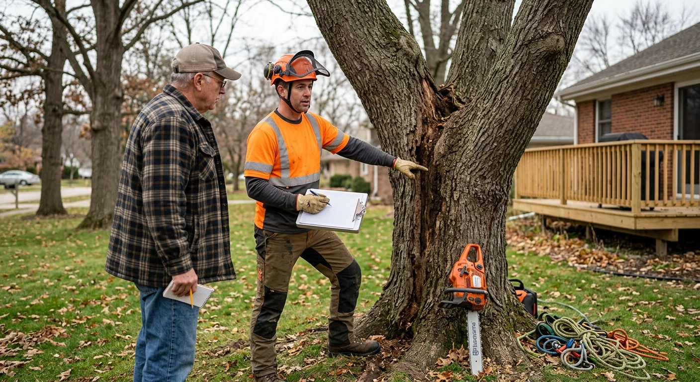Arborist assessing storm-damaged tree limbs near a Batavia home for cleanup pricing