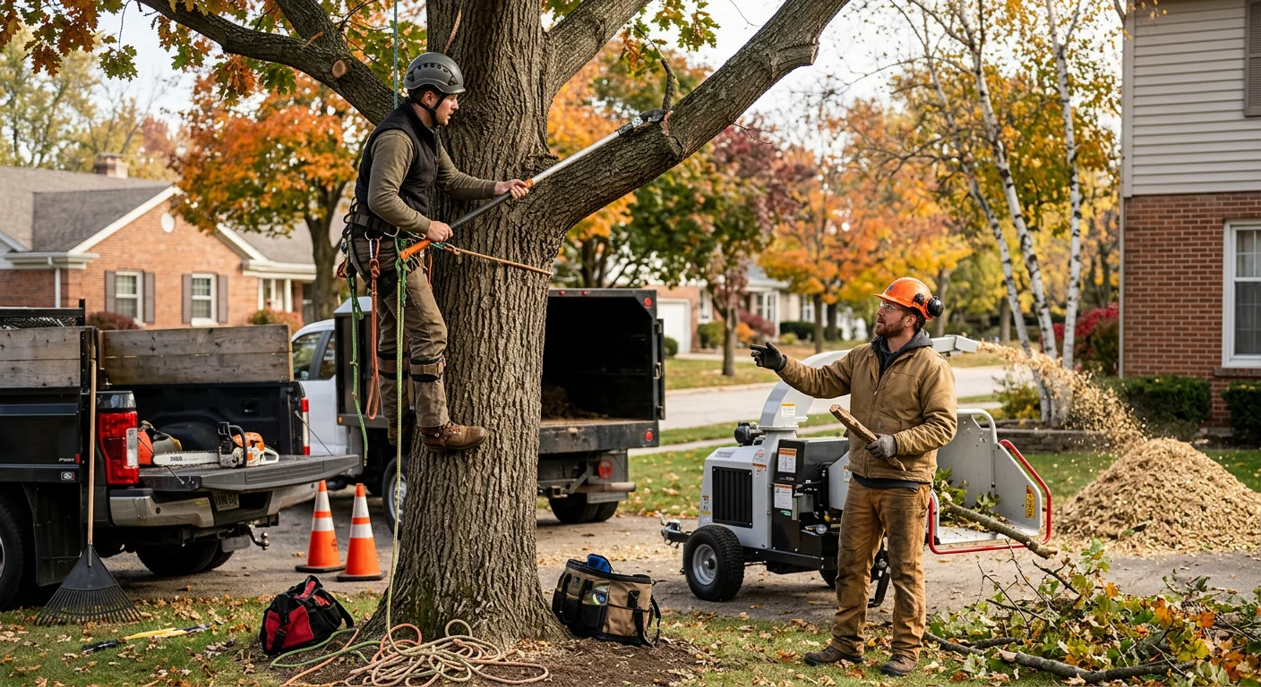 Crew clearing storm-damaged tree limbs from a Batavia residential property