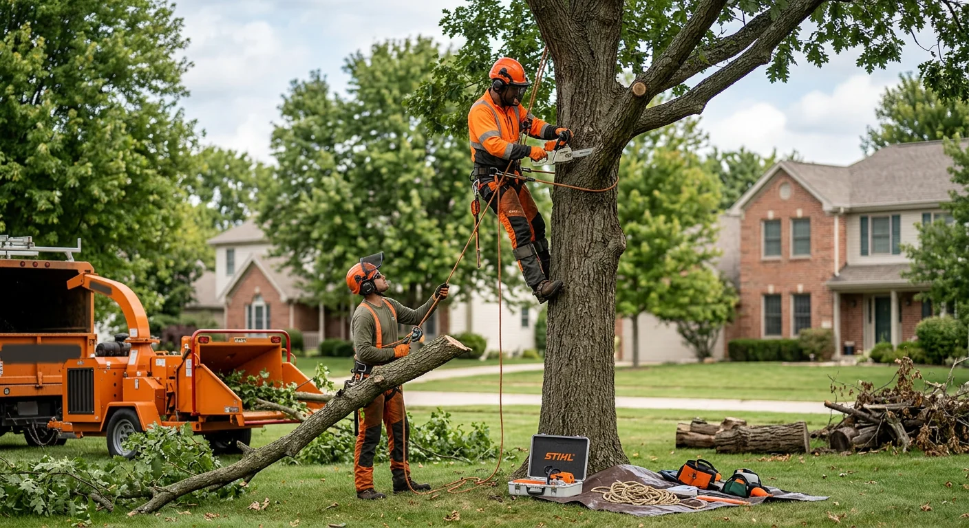 Arborist clearing storm-damaged tree limbs from a Batavia residential yard
