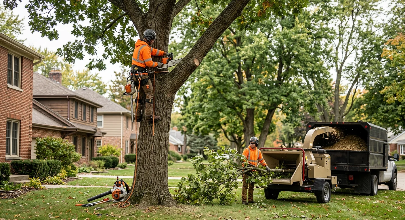Fallen tree with split trunk and hanging limbs after a Batavia storm