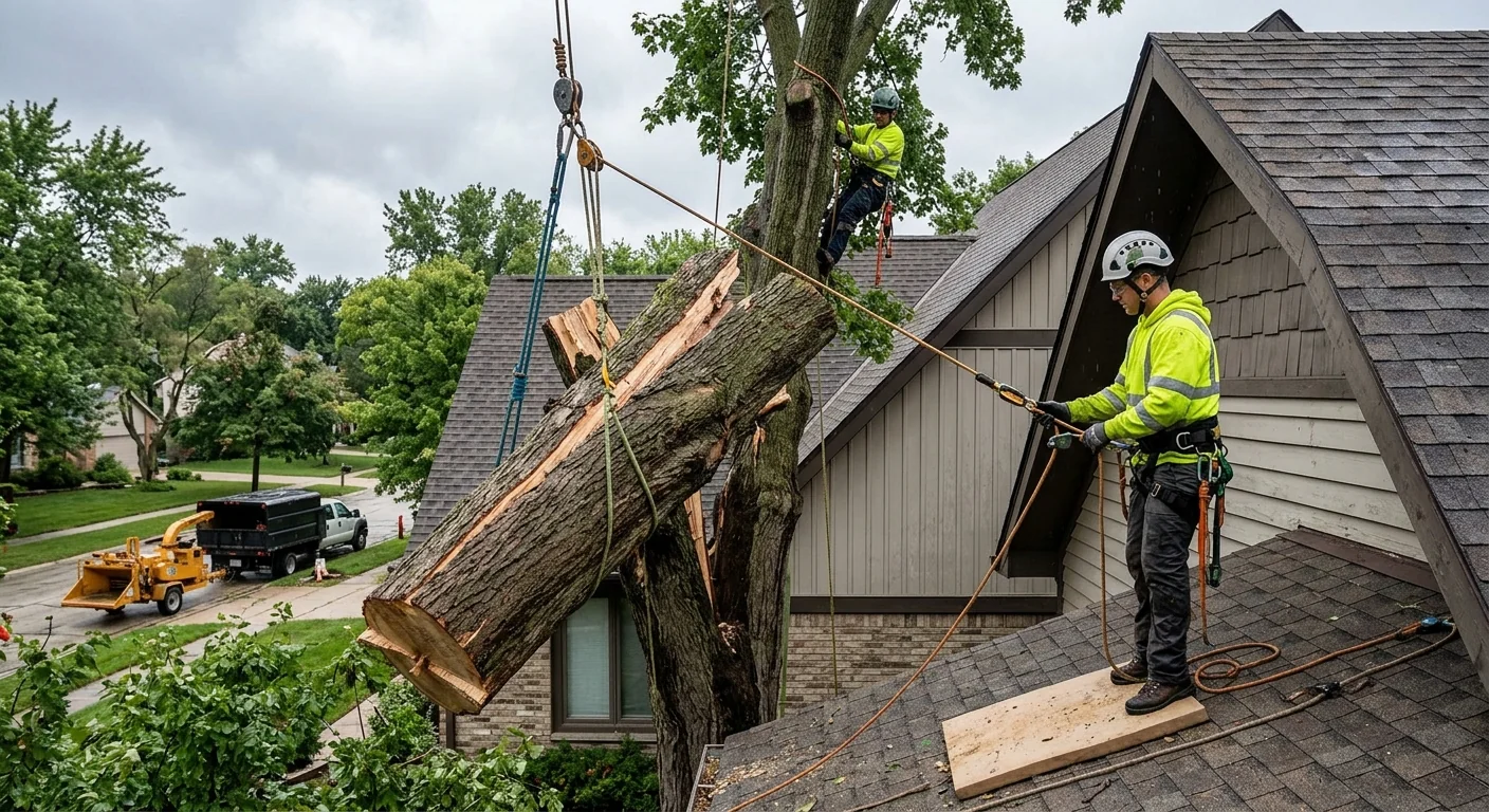 Split maple sectioned with rigging ropes over a Batavia rooftop after a storm