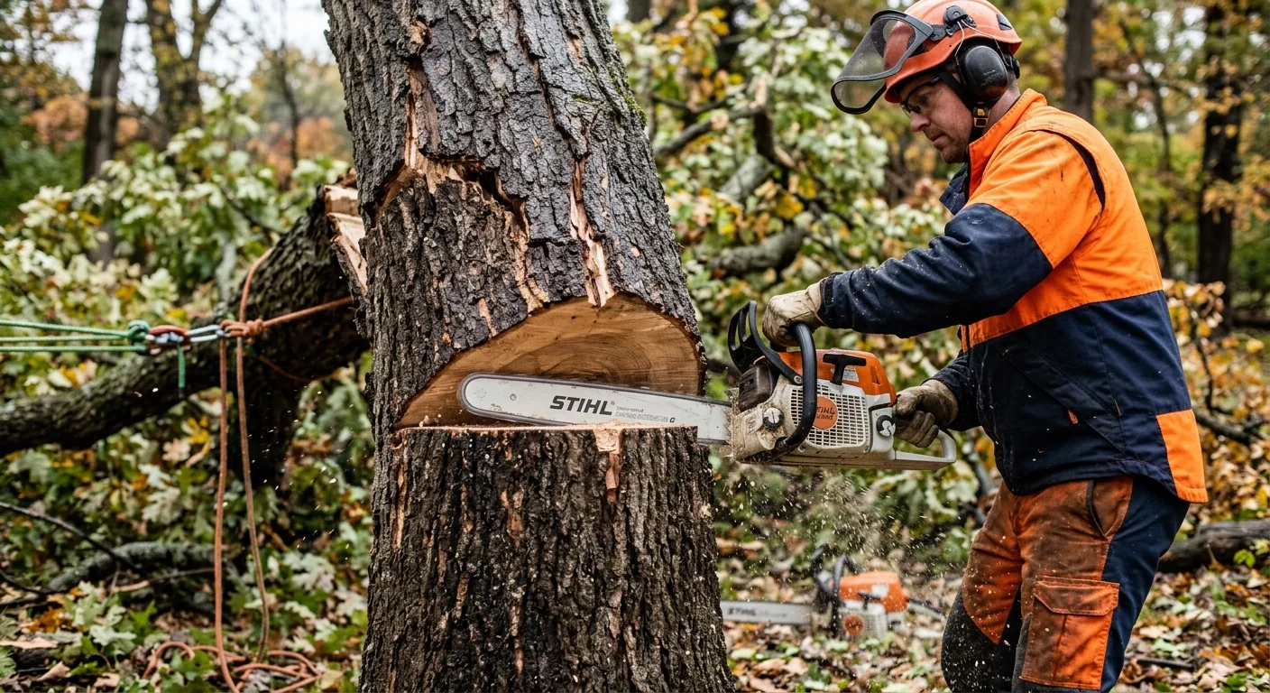 Close-up of a controlled chainsaw cut on a storm-damaged tree trunk