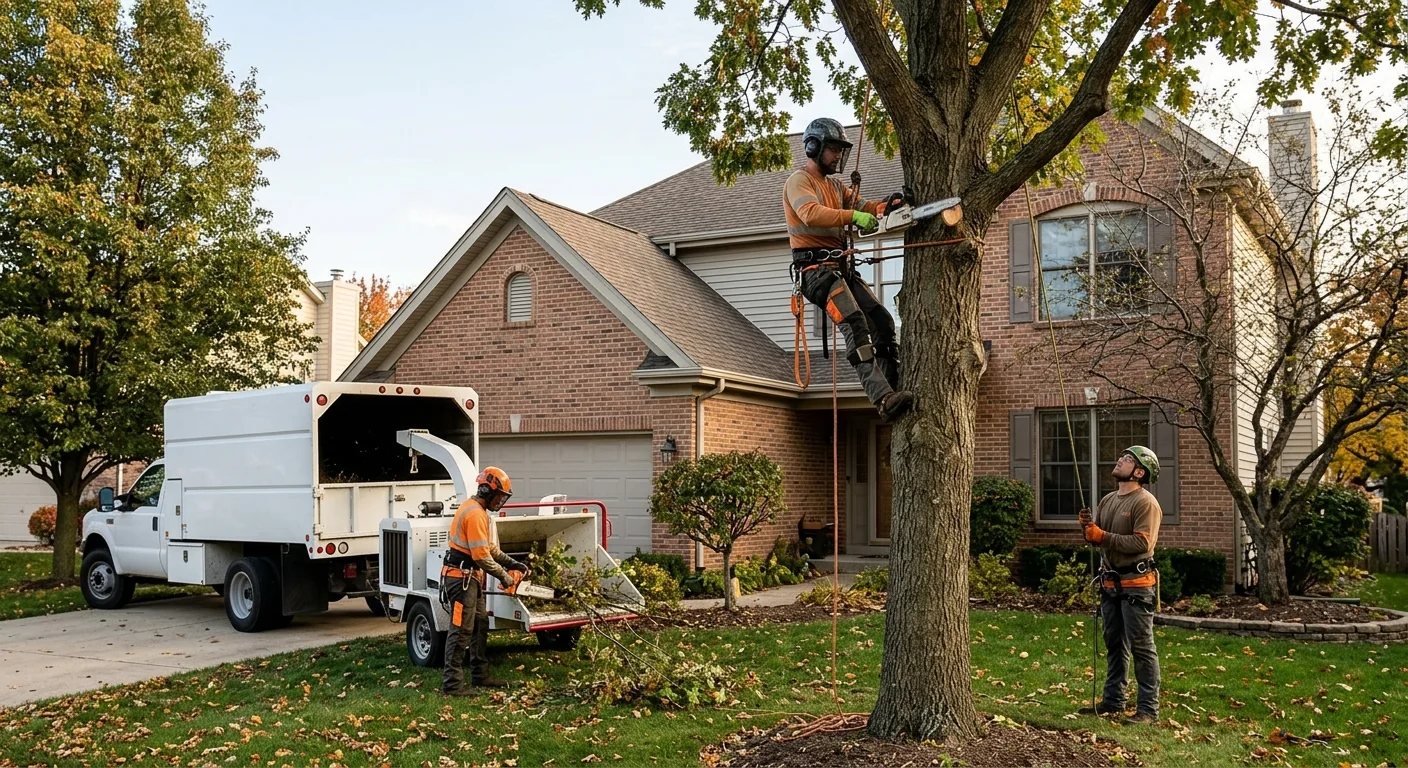 Crew clearing storm-downed tree limbs from a Batavia yard
