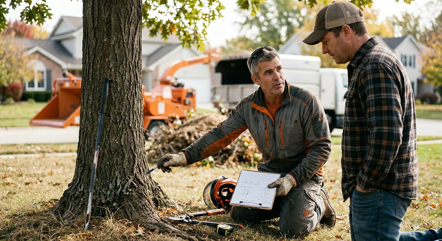 Technician measuring a large hardwood stump before grinding on a Batavia property