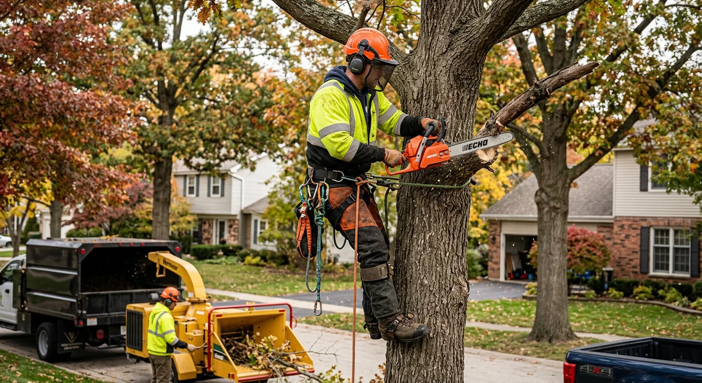 Technician grinding a tree stump below grade in a Batavia backyard