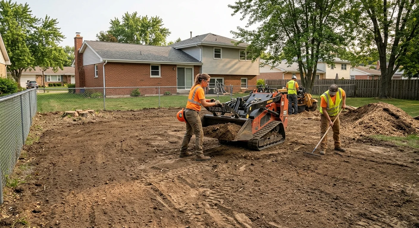 Wide shot of a cleared backyard after complete stump removal in Batavia