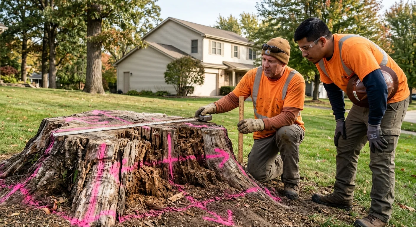 Decayed stump marked and measured before grinding on a residential property