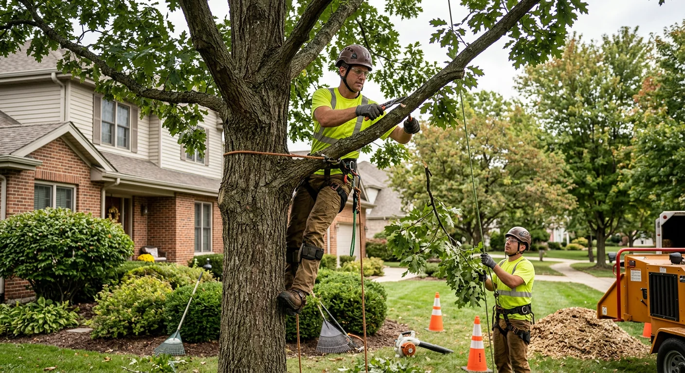 Operator running a stump grinder in a Batavia backyard
