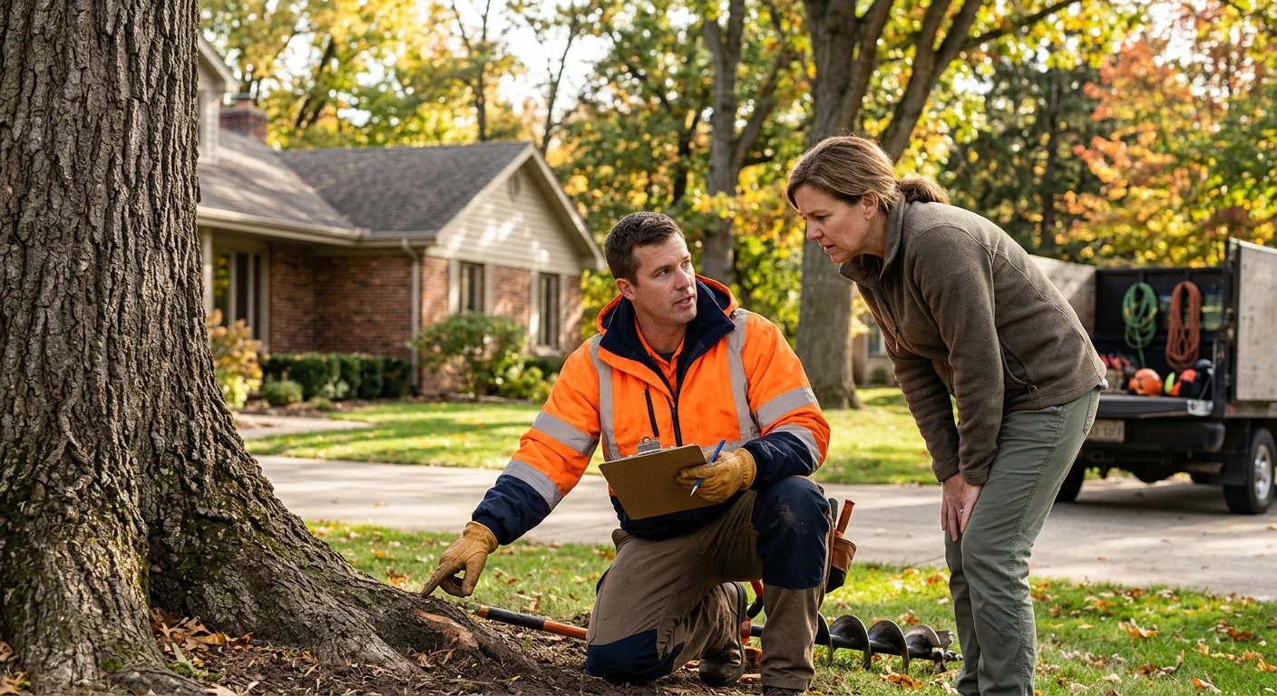 Arborist inspecting an oak canopy to estimate cabling support points in Batavia