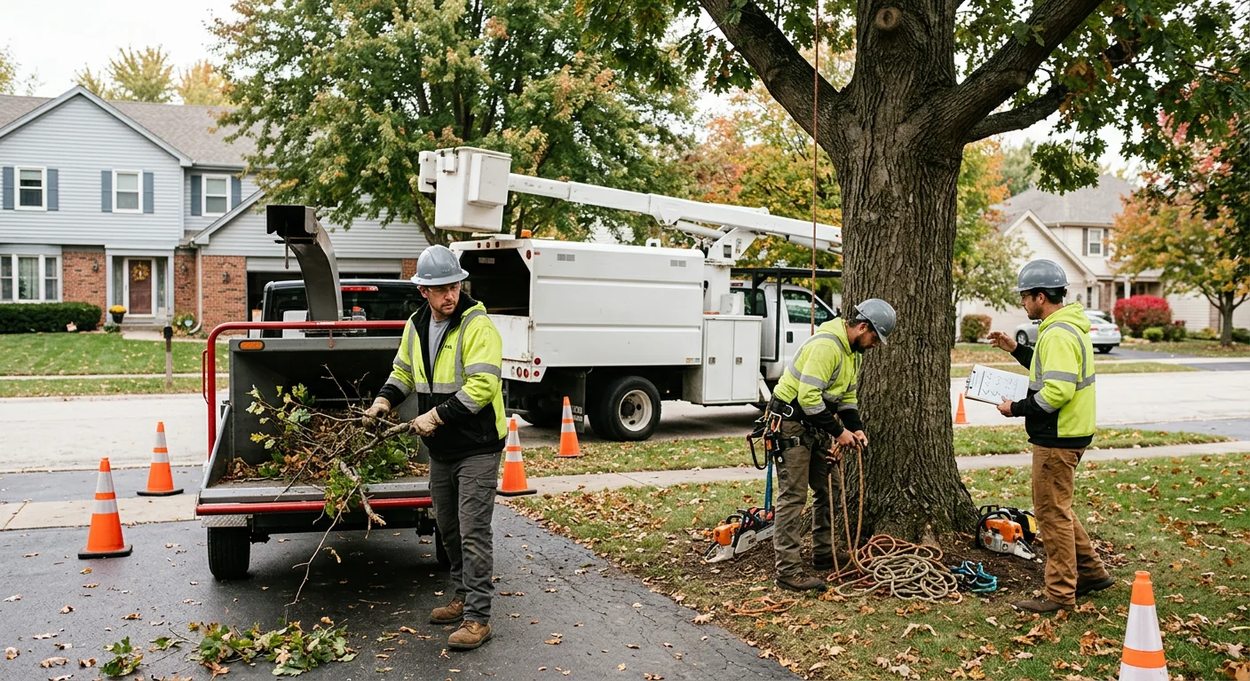 Arborist installing support cable in mature tree canopy in Batavia
