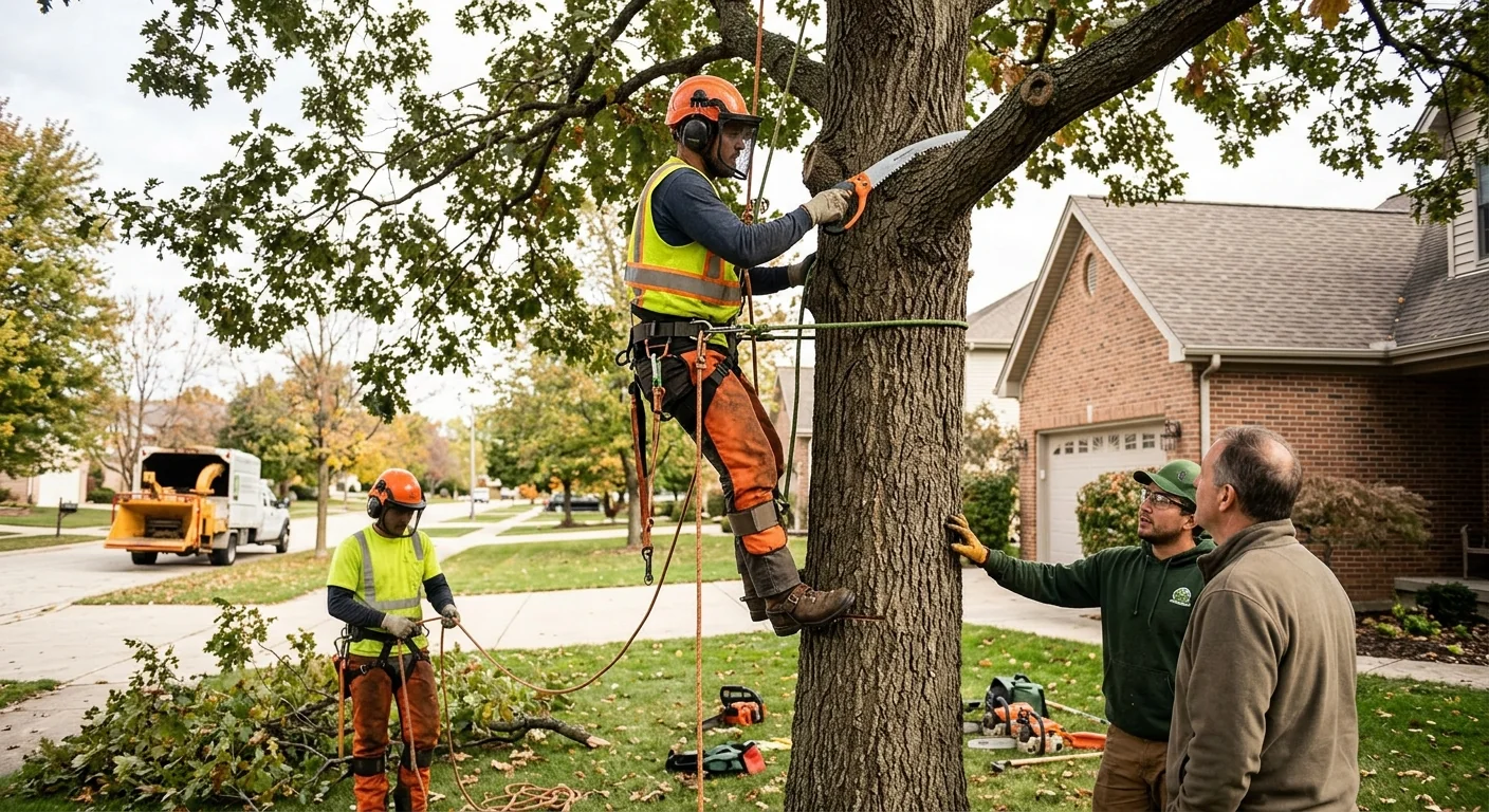 Arborist installing support cable in a mature hardwood canopy in Batavia