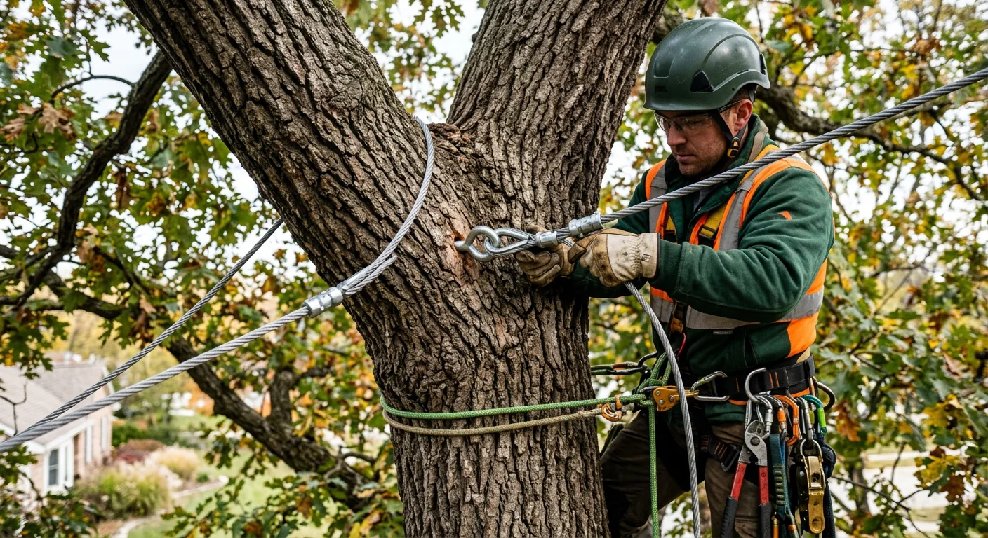 Close-up of steel cable anchor installed high in a mature oak crown