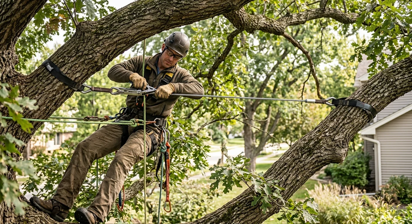 Climber tensioning an EHS cable between two branch unions during installation